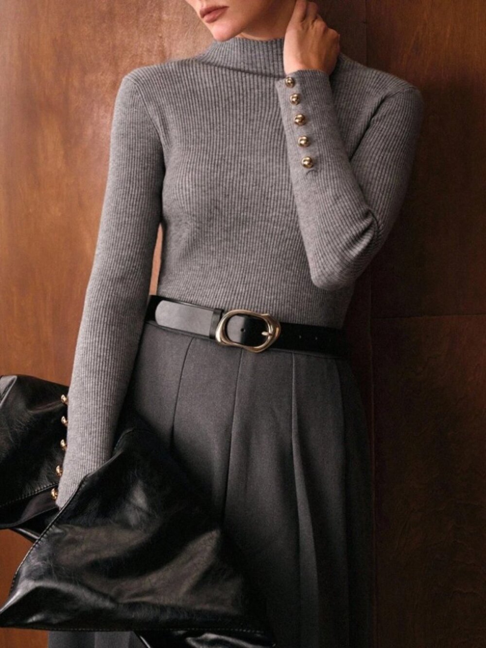 Gray Ribbed Knit Stand Collar Gold Button Cuff Sweater